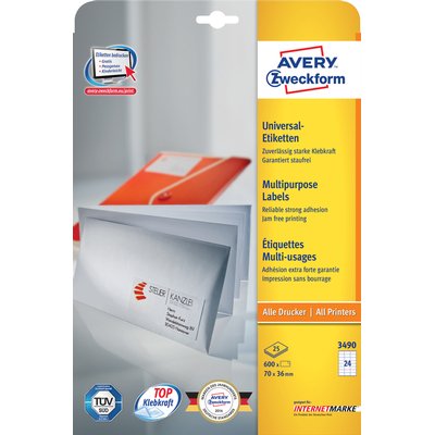 Etiket Avery 3490 70x36mm wit 600 stuks