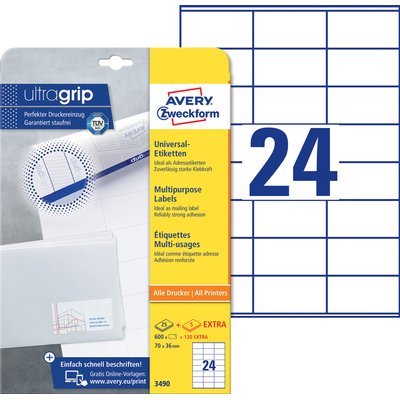 Etiket Avery 3490 70x36mm wit 600 stuks