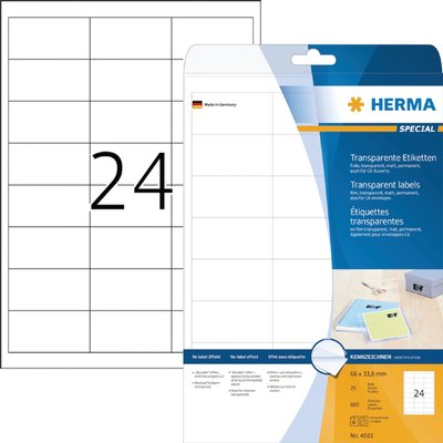 Etiquette HERMA 4681 66x33,8mm transparent 600 pièces