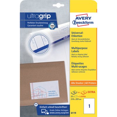 Etiket Avery 6119 210x297mm A4 wit 25 stuks