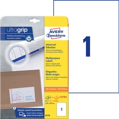 Etiket Avery 6119 210x297mm A4 wit 25 stuks