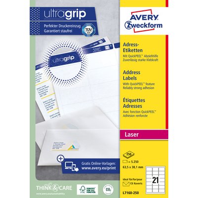 Etiket Avery L7160-250 63.5x38.1mm wit 5250 stuks