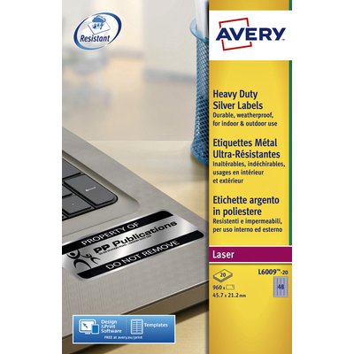 Etiquette Avery L6009-20 45,7x21,2mm argent 960 pièces