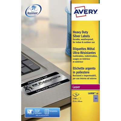 Etiquette Avery L6008-20 25.4x10mm argent 3780 pièces