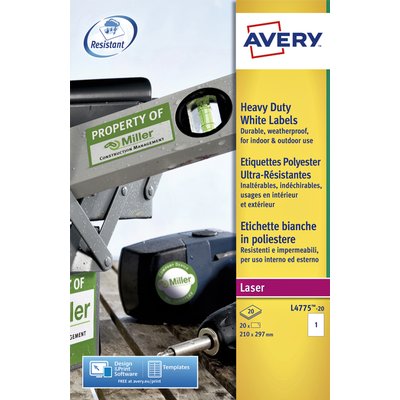 Etiket Avery L4775-20 210x297mm polyester wit 20 stuks