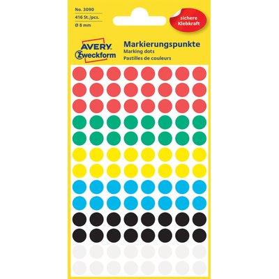 Etiket Avery 3090 rond 8mm assorti 416 stuks