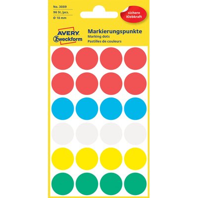 Etiket Avery 3089 rond 18mm assorti 96 stuks