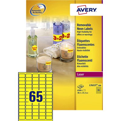 Etiquette Avery L7651Y-100 38,1x21,2mm jaune néon 6500 pièces