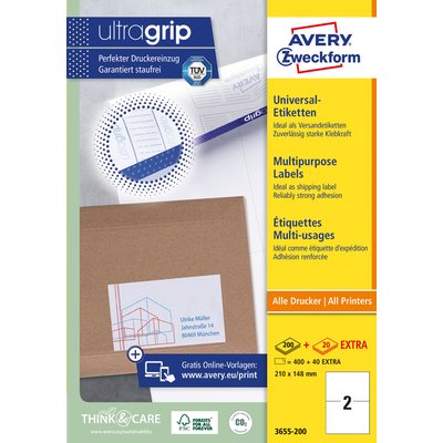 Etiket Avery 3655-200 210x148mm A5 wit 400 stuks
