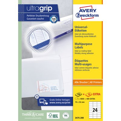 Etiket Avery 3475-200 70x36mm wit 4800 stuks