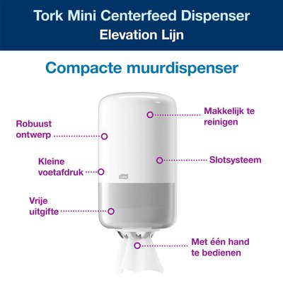 Poetspapierdispenser Tork M1 Elevation klein wit 558000