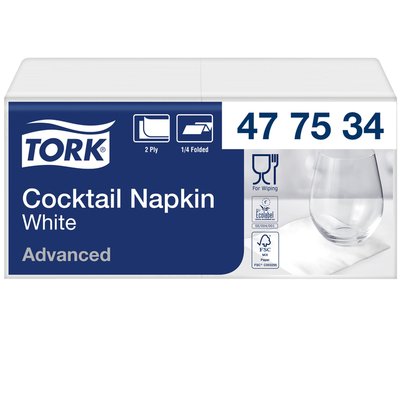 Serviette Tork Cocktail Advanced 477534 2 épaisseurs pli 1/4 238x238mm blanc 200 pièces