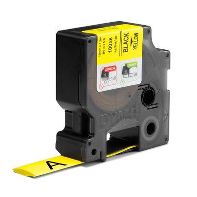 Ruban Dymo Rhino Industriel rétractable 19mmx1,5m noir sur jaune