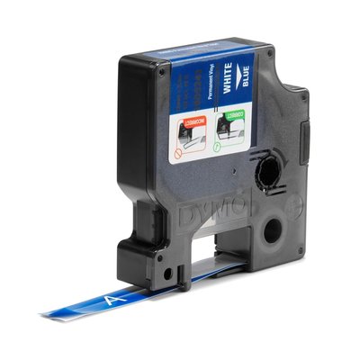 Ruban Dymo Rhino Industriel vinyle 12mmx5,5m vinyle blanc sur bleu