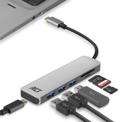 Hub ACT USB-C 3.0, 3x USB-A cardreader PD p-through