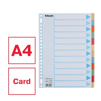 Intercalaire Esselte Premium A4 12 onglets 23 perf carton assorti