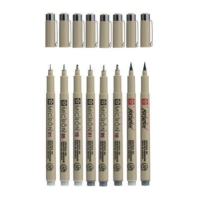 Fineliner Sakura Pigma Micron 6 schrijfbreedtes - 2 brushpen koudgrijs