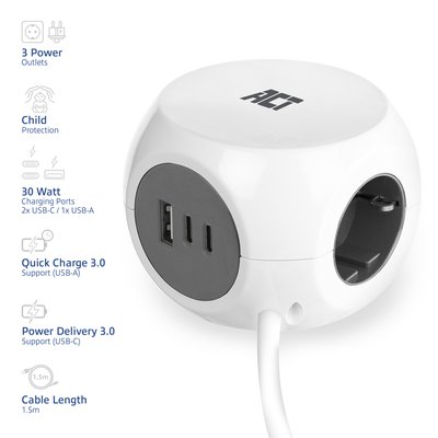 Stekkerblok ACT 3 voudig inclusief 2x USB C/A 1.5 meter wit/grijs