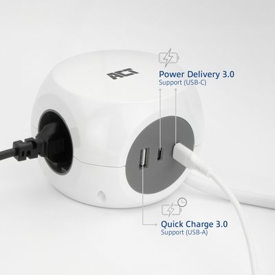 Stekkerblok ACT 3 voudig inclusief 2x USB C/A 1.5 meter wit/grijs