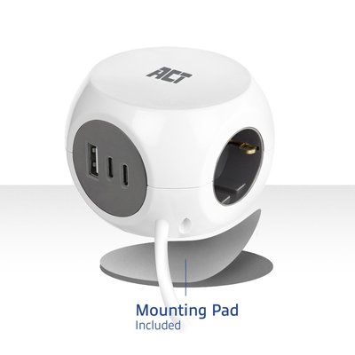 Stekkerblok ACT 3 voudig inclusief 2x USB C/A 1.5 meter wit/grijs