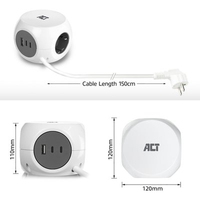 Stekkerblok ACT 3 voudig inclusief 2x USB C/A 1.5 meter wit/grijs