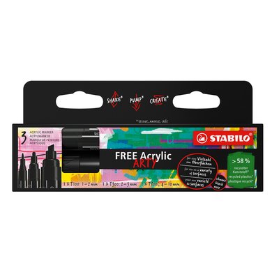 Acrylmarker STABILO Free Acrylic Mixed Tip set à 3 breedtes zwart