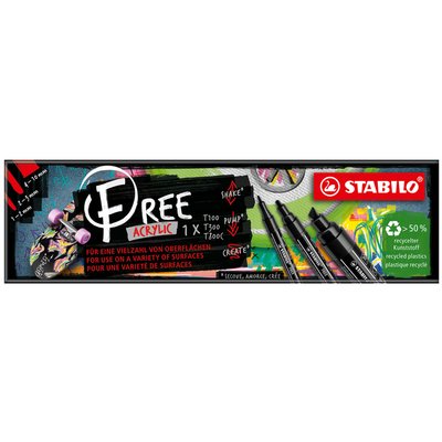 Acrylmarker STABILO Free Acrylic Mixed Tip set à 3 breedtes zwart