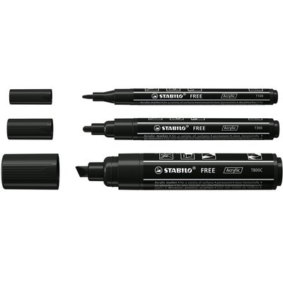 Acrylmarker STABILO Free Acrylic Mixed Tip set à 3 breedtes zwart