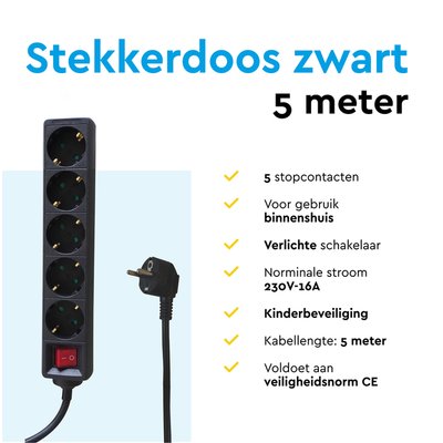 Stekkerdoos BRASQ 5 voudig 5 meter zwart