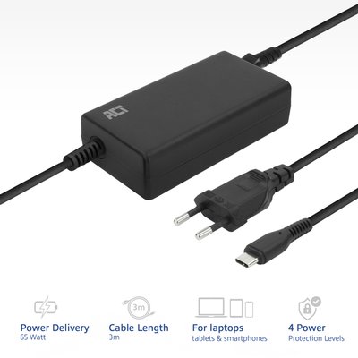 Laptop Oplader ACT USB-C Power Delivery 65W 3mtr