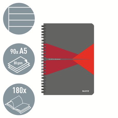 Cahier Leitz Office A5 ligné 180 pages 80g gris rouge
