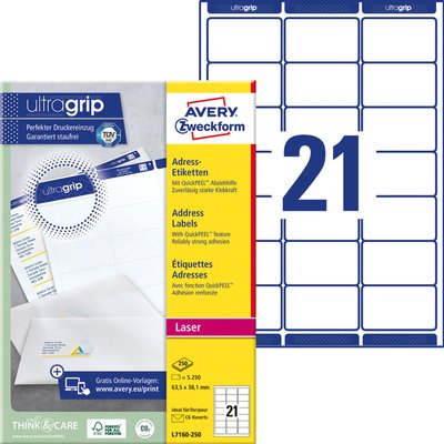 Etiket Avery L7160-250 63.5x38.1mm wit 5250 stuks