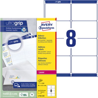 Etiket Avery L7165-250 99.1x67.7mm wit 2000 stuks