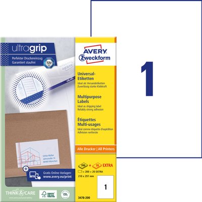 Etiket Avery 3478-200 210x297mm A4 wit 200 stuks