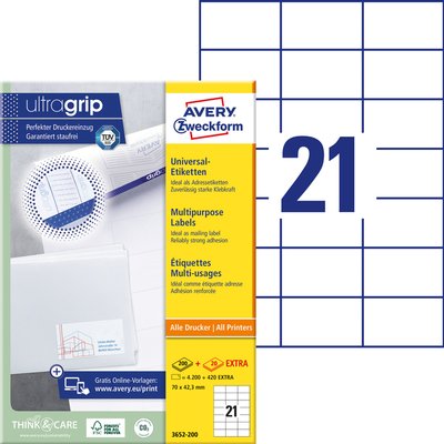 Etiket Avery 3652-200 70x42.3mm wit 4200 stuks