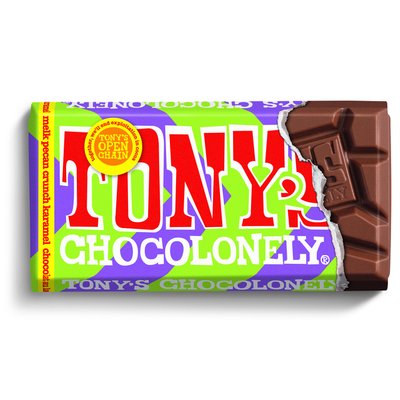 Chocolade Tony's Chocolonely melk karamel pecan crunch reep 90 gram