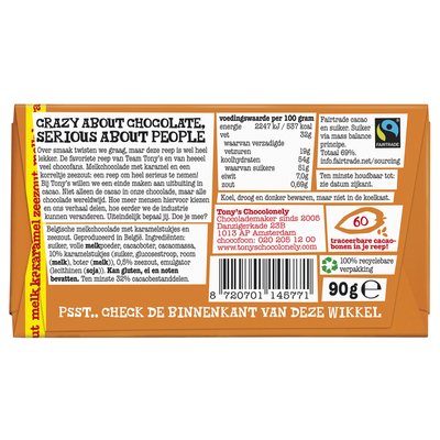 Chocolade Tony's Chocolonely melk karamel zeezout reep 90 gram