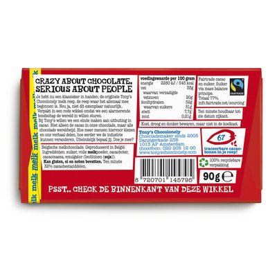 Chocolade Tony's Chocolonely melk reep 90 gram