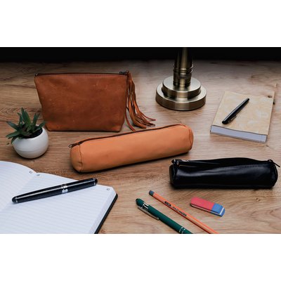 Trousse ronde Oxford 22x6cm cuir noir