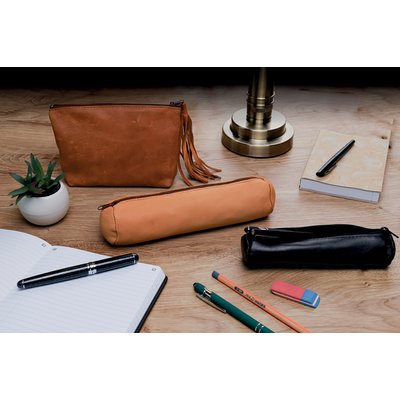 Trousse ronde Oxford 22x6cm cuir naturel