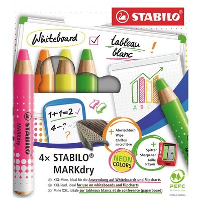 Crayon tableau blanc STABILO MARKdry étui 4 couleurs néon