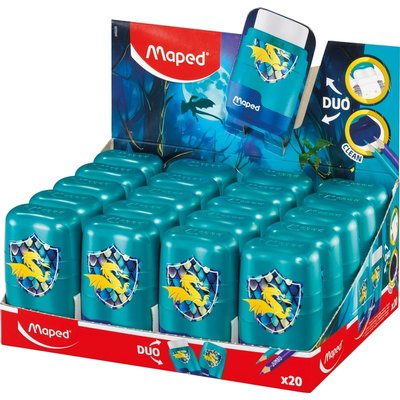Taille-crayon Maped Connect Dragon 2 trous avec gomme présentoir 20 pièces bleu