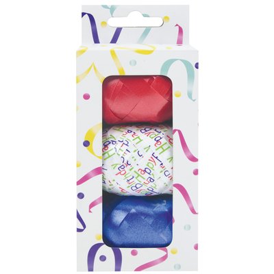 Ruban cadeau 3 couleurs rouge bleu et blanc avec happy birthday