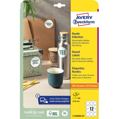 Etiket Avery L7104REV-25 60mm wit 300 stuks