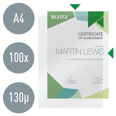 Pochette modèle L Leitz Premium A4 PP 0,13mm transparent 100 pièces
